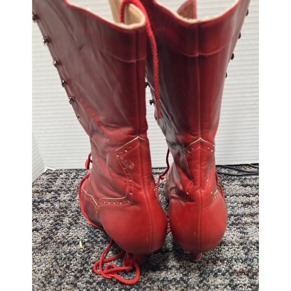 VTG Custom Red Leather Lace & Hook Tall Boots Kitten Heel Unique Sz 10 - Picture 6 of 8